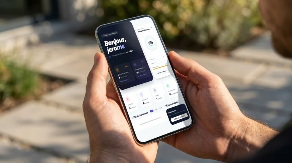 Interface CoproSync sur smartphone dans un cadre moderne